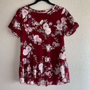 Downeast Burgundy Floral Peplum Top – Size S